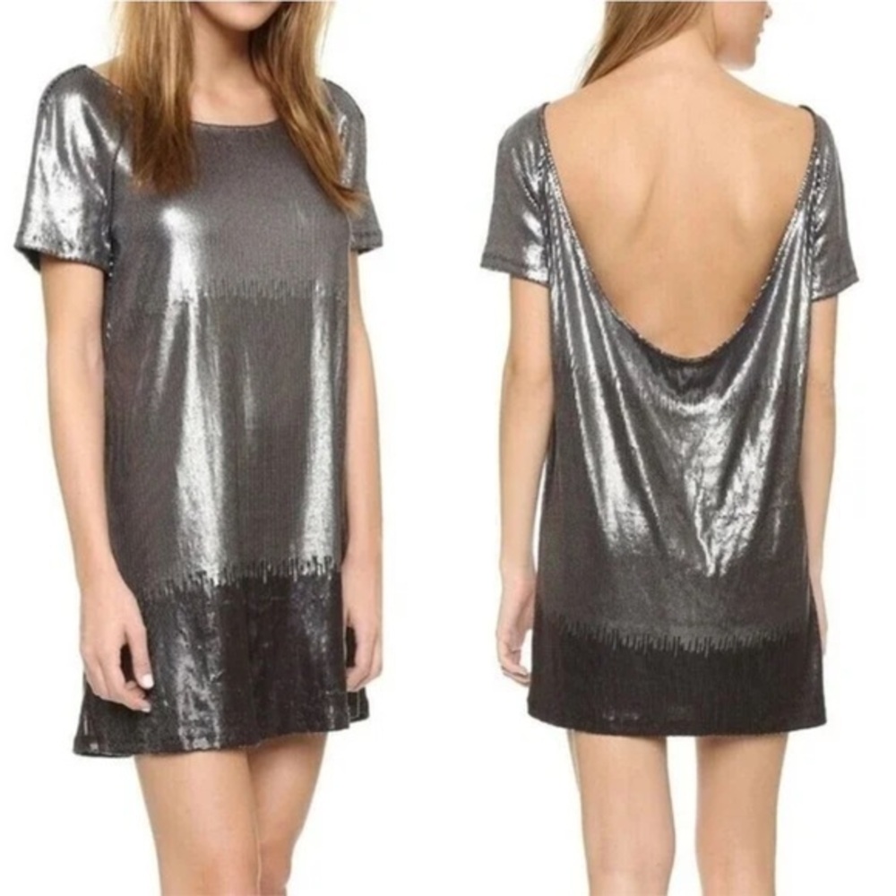 New Free People Drenched in Sequins Mini Dress Scoop Back Grey Black Silver L